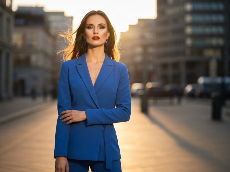 Kobieta w stylizacji w kolorze kobaltowym